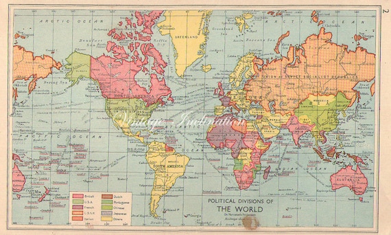 1949 Vintage Map of the World political color