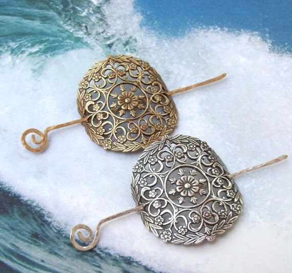 Items similar to 2 Victorian Shawl Pins, Silver Shawl Pin, Golden Brass