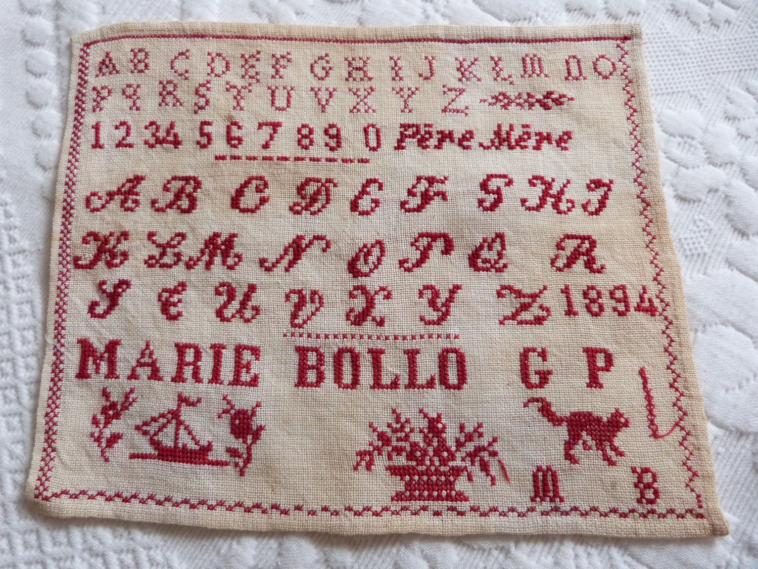 Antique French sampler abc alphabet embroidery sampler