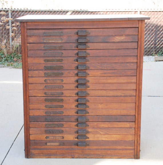 Antique Oak Printer's Typeset Case with 18 Drawers