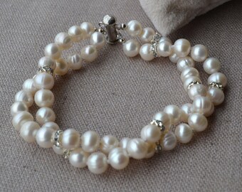 pearl jewelry pearl bracelet -crystal bracelet,2 rows pearl bracelet,8 inches 7-8mm ivory Freshwater pearl Bracelet,real pearl bracelet