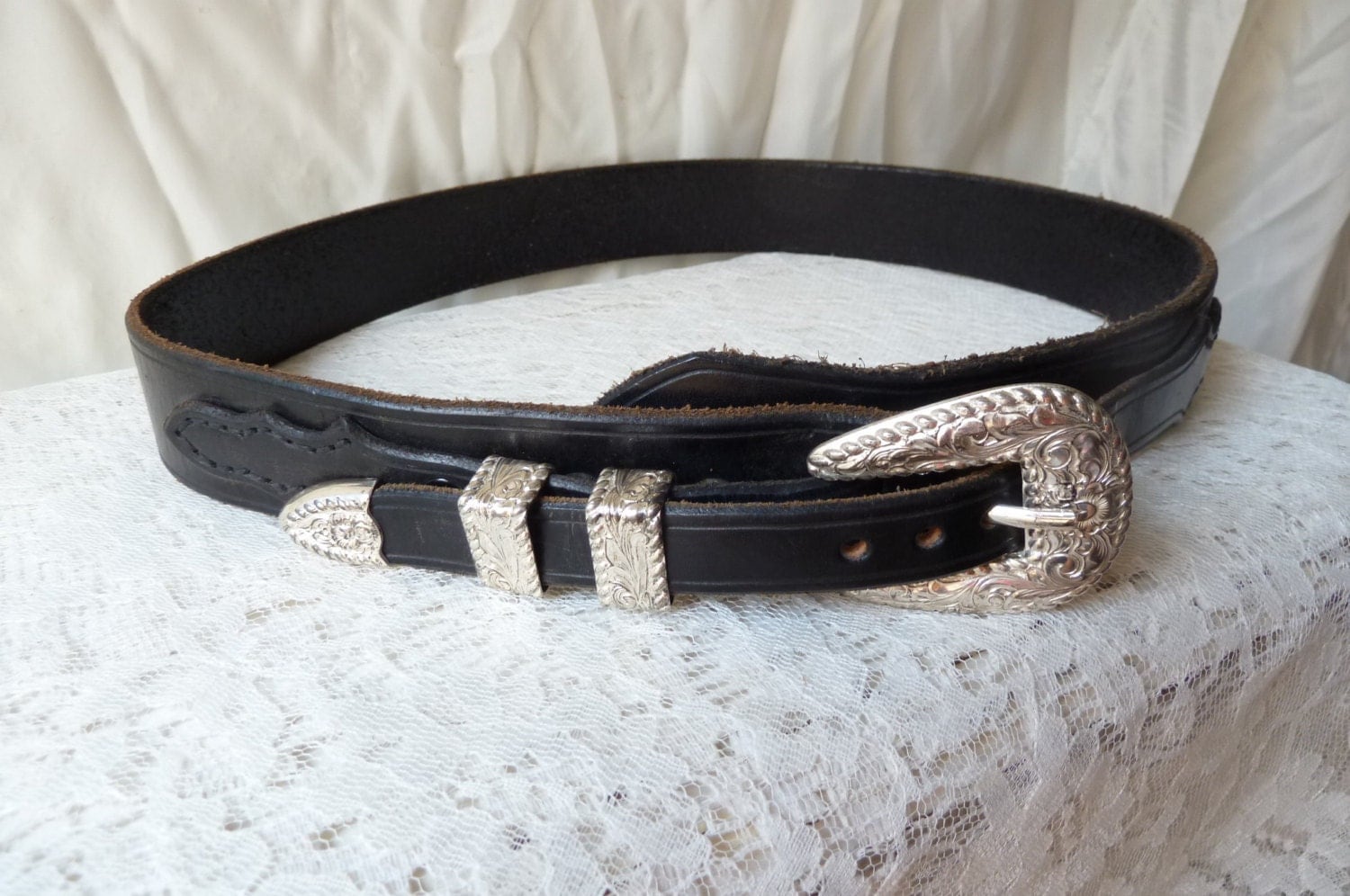Black Leather Fancy Western Belt with Lots of by TwoRosesVintage