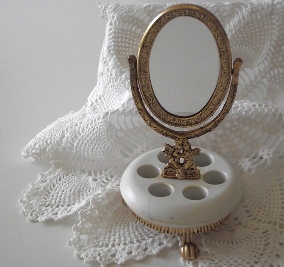 Vintage Lipstick holder with mirror white & gold cherubs