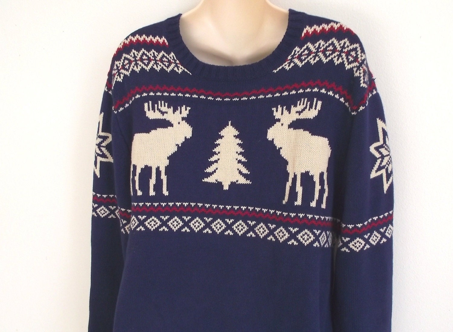 Vintage Christmas Sweater moose nordic trees men women L XL