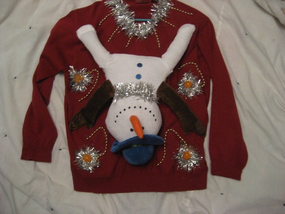 Ugly Christmas sweater man's Large snowman hanging upside