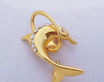 Vintage Dolphin Brooch, Dolphin, Gold Tone With Clear Rhinestones, Dolphin Pin, Vintage Jewelry