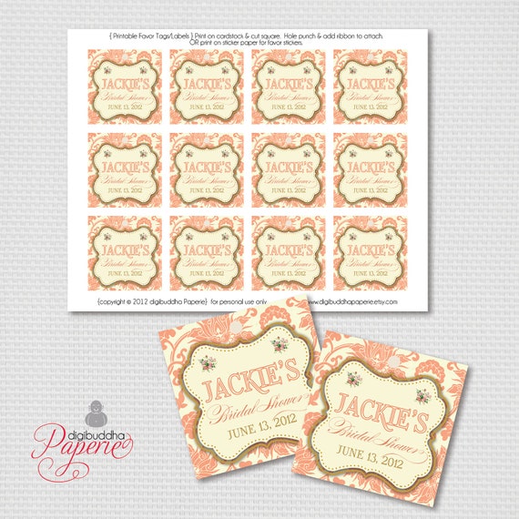 Tags Coral Damask Gold Bridal Shower Thank You Tags Vintage Favor Tags ...