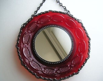 Stained Glass Mirror|Vintage Plate|Red|Round Mirror|Vintage Avon Plate|Mirror|Home & Living|Home Decor|Mirrors|Glass|Handcrafted|Made in USA