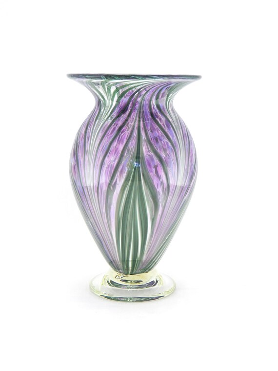 Hand Blown Art Glass Vase Purple Lavender And Green