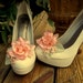 Peach Satin Rose Shoe Clips - set of 2 - mint green leaves, bridal shoe clips, flower shoe clips, wedding shoe clips