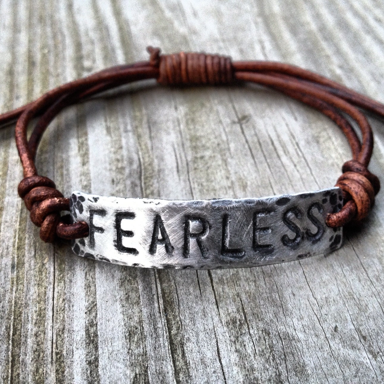 FEARLESS ID Bracelet silver Pewter leather Hand Stamped