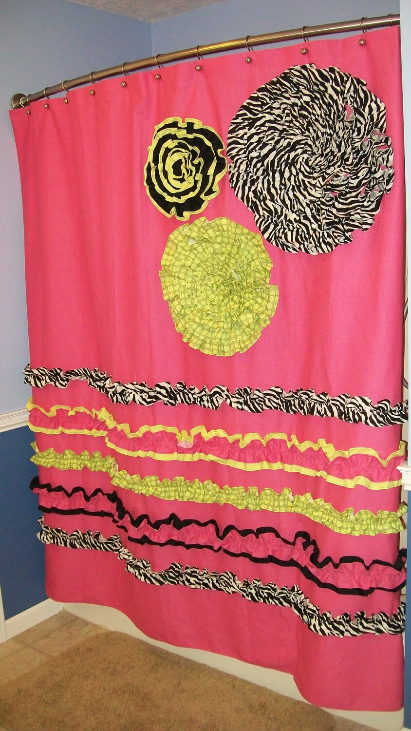 Shower Curtain Custom Made Designer Fabric Ruffles and Flowers
