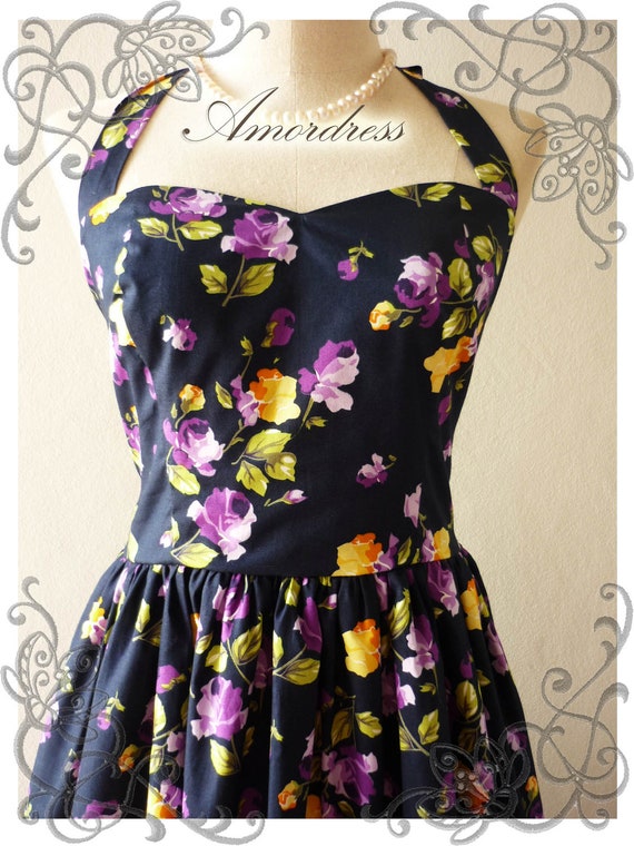 Dress Purple Floral Vintage Inspired Halter Neck Navy by Amordress