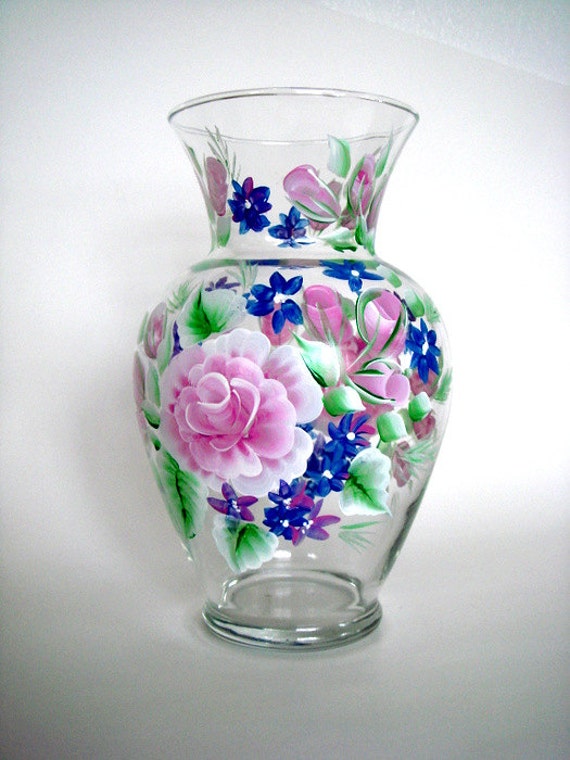 Items Similar To Hand Painted Glass Vase With Pink Roses And Blue