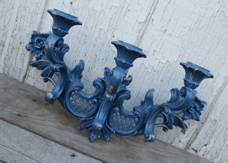 Upcycled Navy Blue Wall Sconce Triple Candle Vintage Sconce
