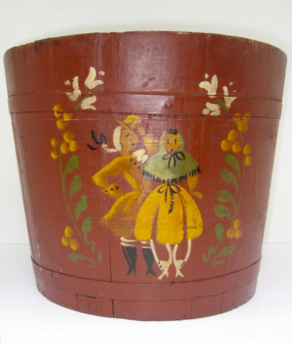 Vintage Red Painted Wooden Sap Bucket // Folk Art // Vermont