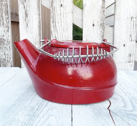 Red Cast Iron Tea Kettle for Wood Stove Decor by HuckleberryVntg