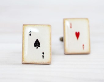 Men Cufflinks - Playing Cards Cuff links for him - Ace of Spades and Ace of Hearts vintage style playing cards
