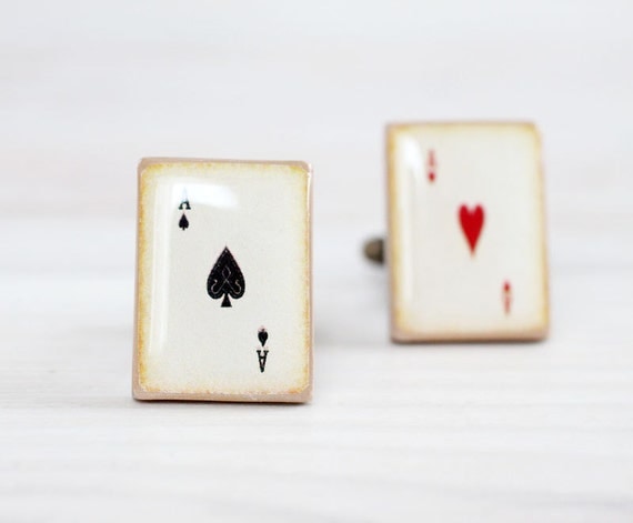 Men Cufflinks - Playing Cards Cuff links for him - Ace of Spades and Ace of Hearts vintage style playing cards