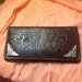 Vintage Western Mexican 40s Style Hand Tooled Leather Wallet with Silver Design Tabs at Corners Floral Design