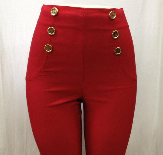 RED, High Waist Dress Pants, Six button front , Stretchy material, Rear zipper, Womens sizes S,M,L