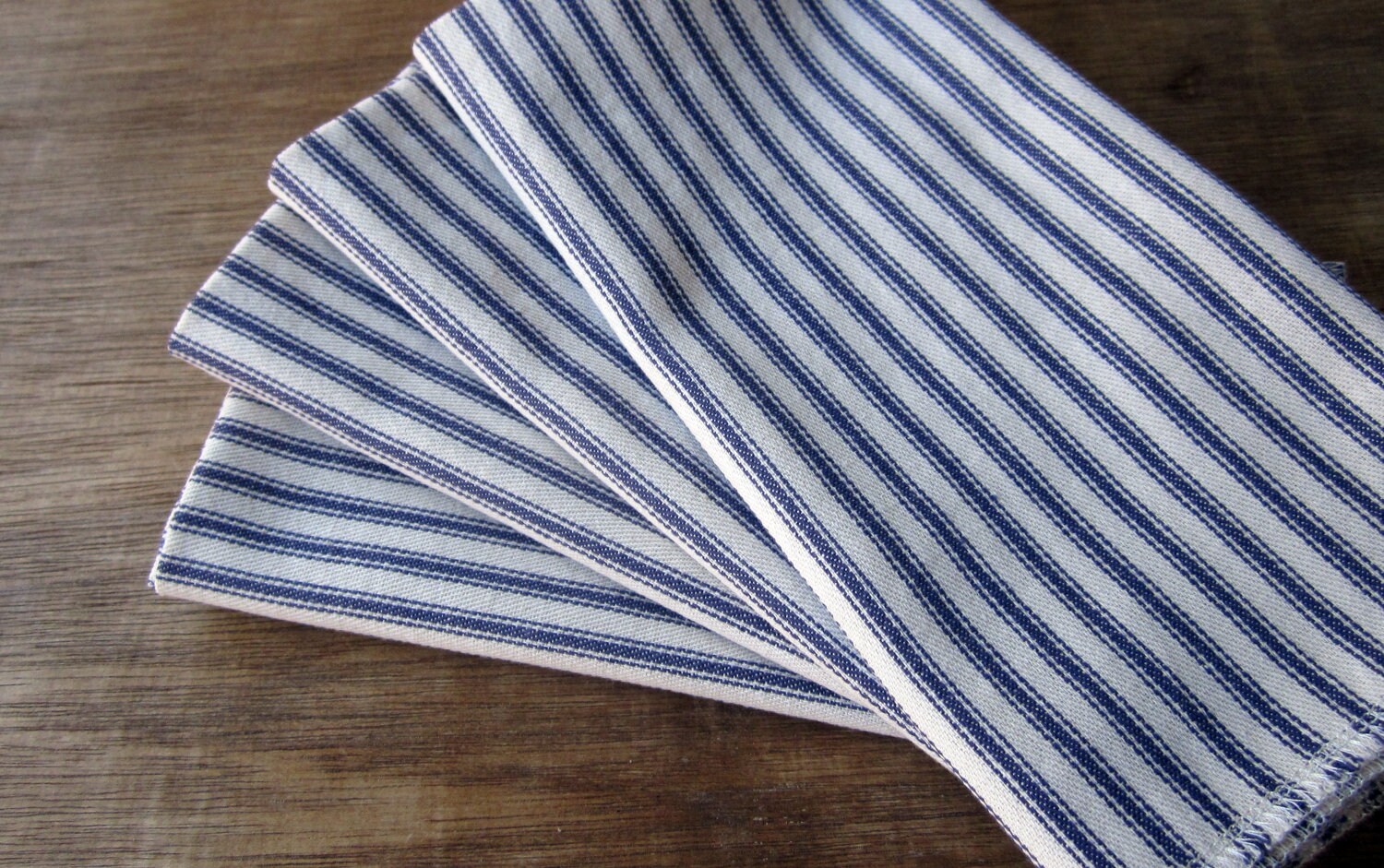 Blue Ticking Napkin Overlocked Edge Set of 8 Rustic Eco