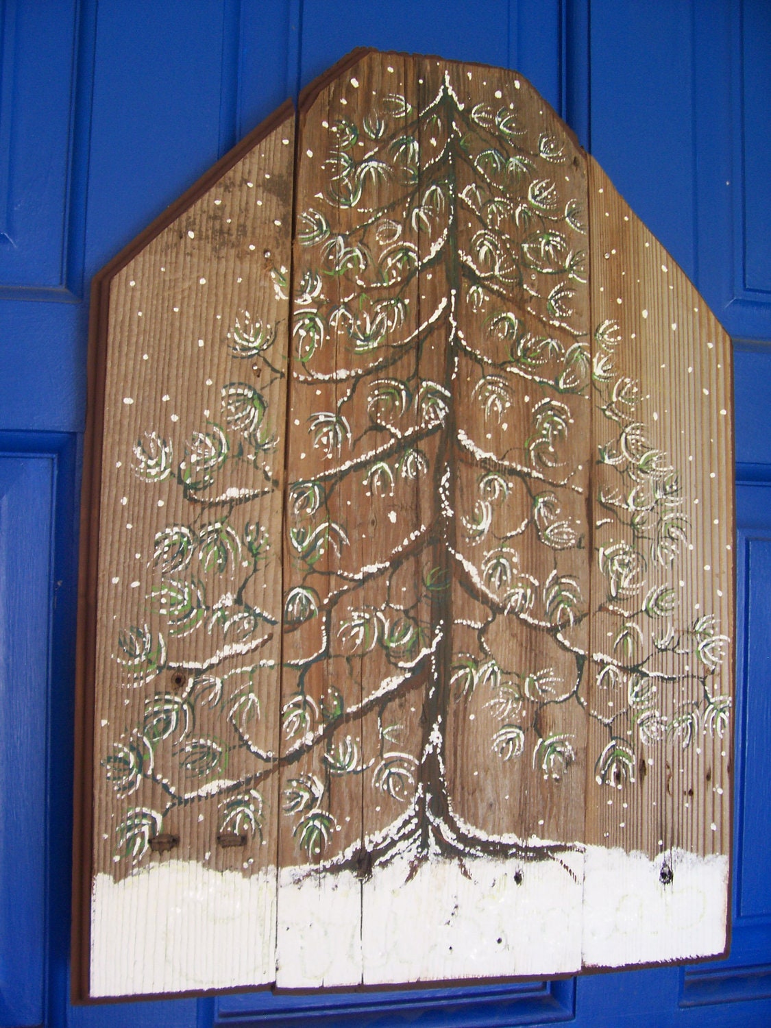 Christmas Tree Rustic Wall Hanging Snow Salvaged Wood