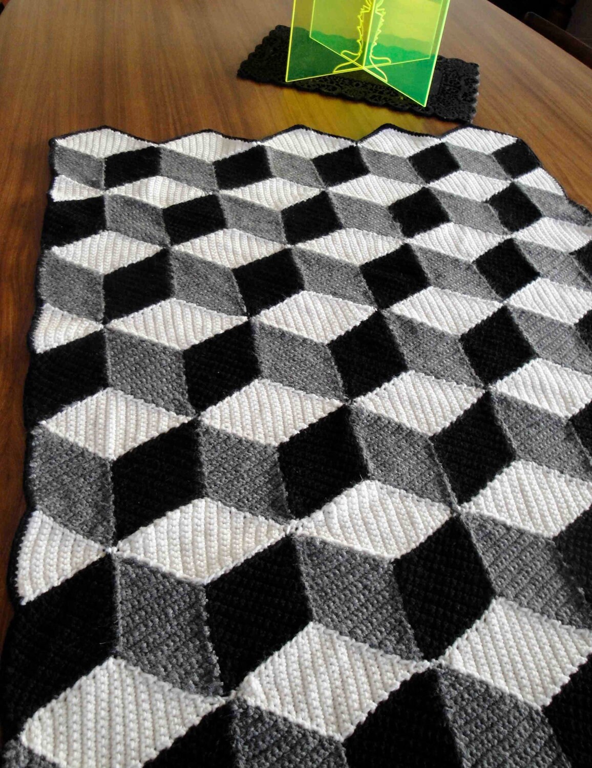 Isometric Blanket / Afghan Geometric Black White & Grey