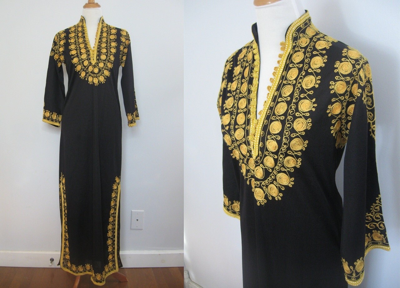 1970s kaftan dress / vintage embroidered maxi dress