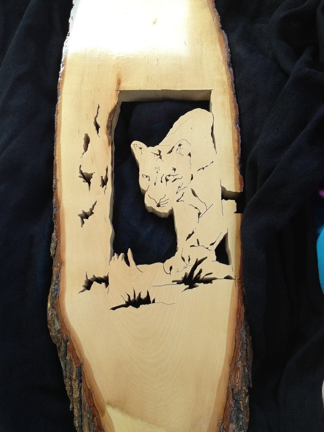 Scroll Saw Mountain Lion on Wood Slice with Gloss Polyurethane
