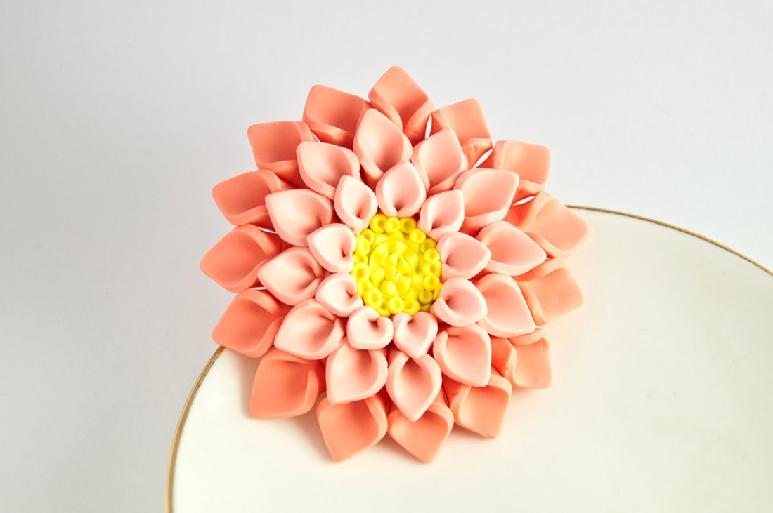 Brooch flower peach color blend polymer clay handmade