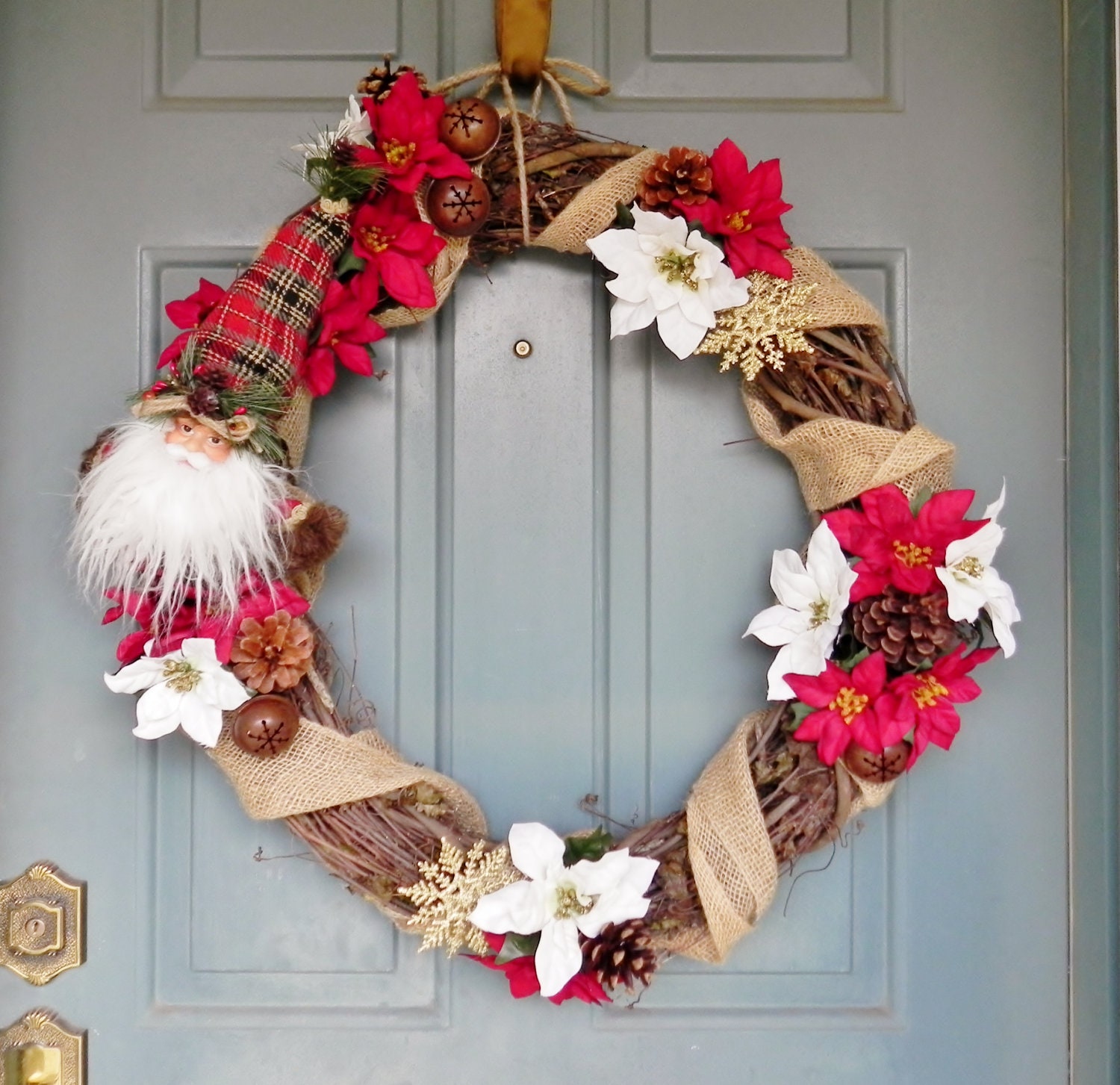 MAKE an OFFER SALE!! Ready to Ship!! Santa with poinsettias and gold snowflakes- Arrives Before christmas!