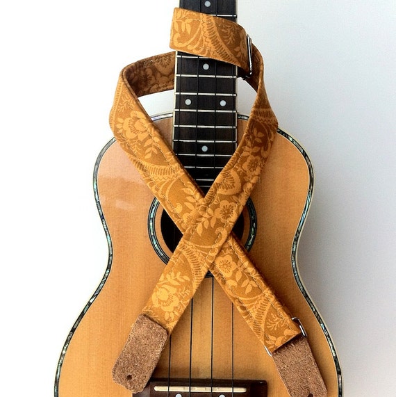 Ukulele Strap with Suede leather ends in Island Gold Print