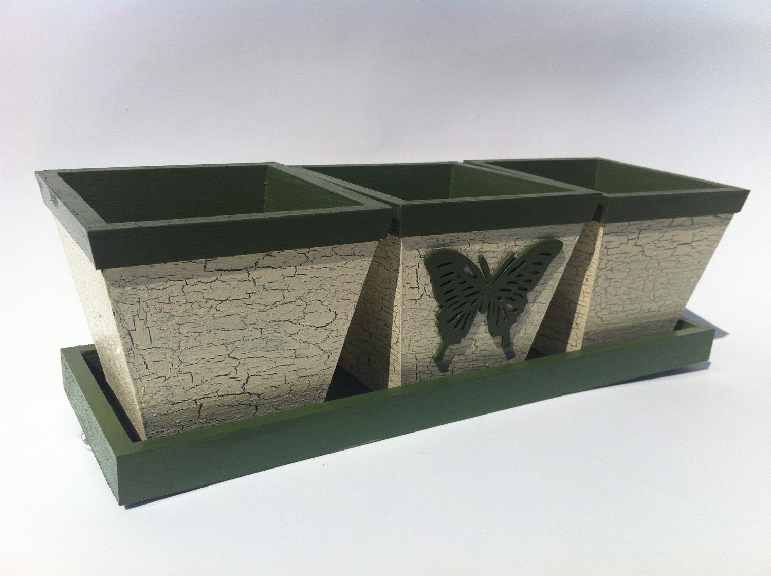 Green and Cream Crackled Butterfly Herb Garden Tray