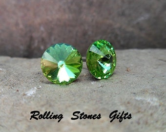 Peridot 8.4mm Swarovski Rivoli Rhinestone Stud Earrings-Peridot Crystal Studs-August Crystal Earrings-Green Rivoli Studs