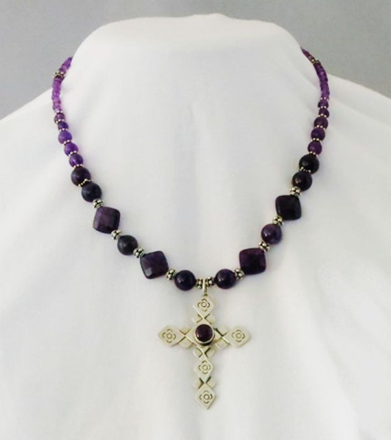 sterling silver amethyst flower cross necklace