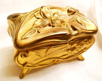Antique 1880s Art Nouveau Edwardian Victorian Large Gold Plated Metal Jewelry Trinket Casket Box Botanical Country French Cottage Chic Box