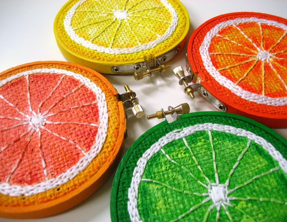 Items similar to Any 3 Fruit Embroidery Hoop Art, Painted Burlap