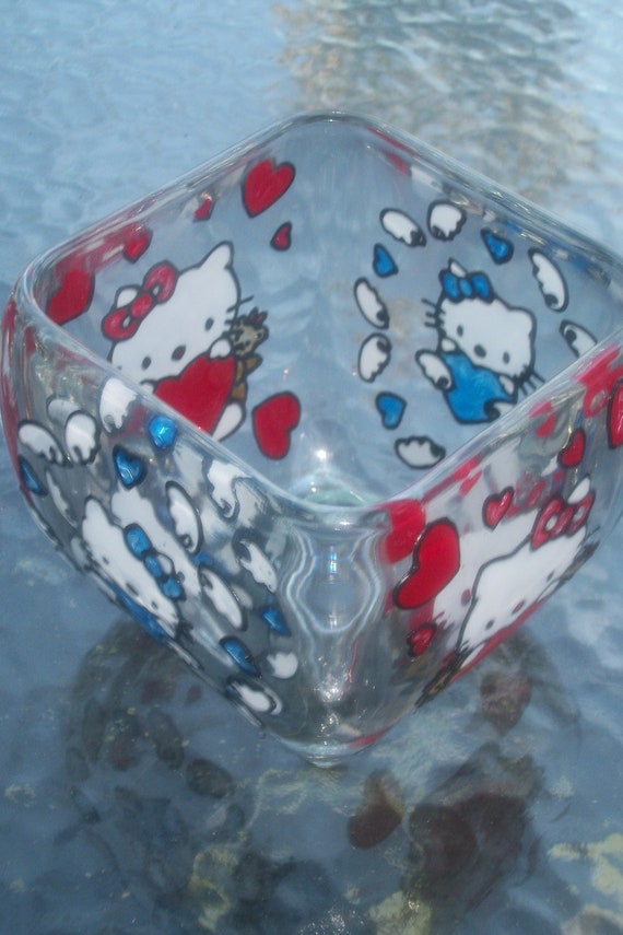 Items similar to Hand Painted Hello Kitty, glass bowl or candle holder