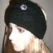 Black Knit Winter Headband Earwarmer Head Wrap With Crochet Flower