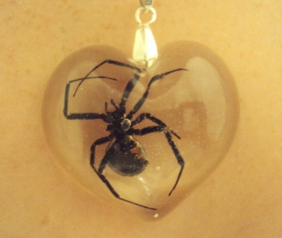 Real Black Widow Spider Clear Heart Resin Pendant