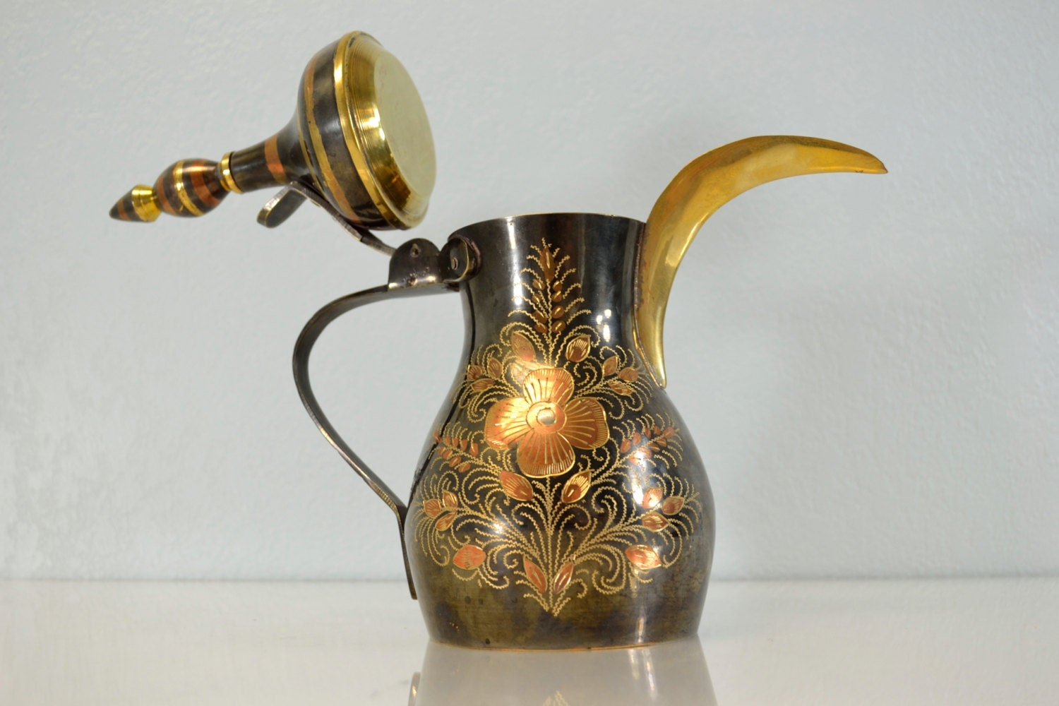Vintage Turkish Teapot Bronze Brass Etched Copper Flower