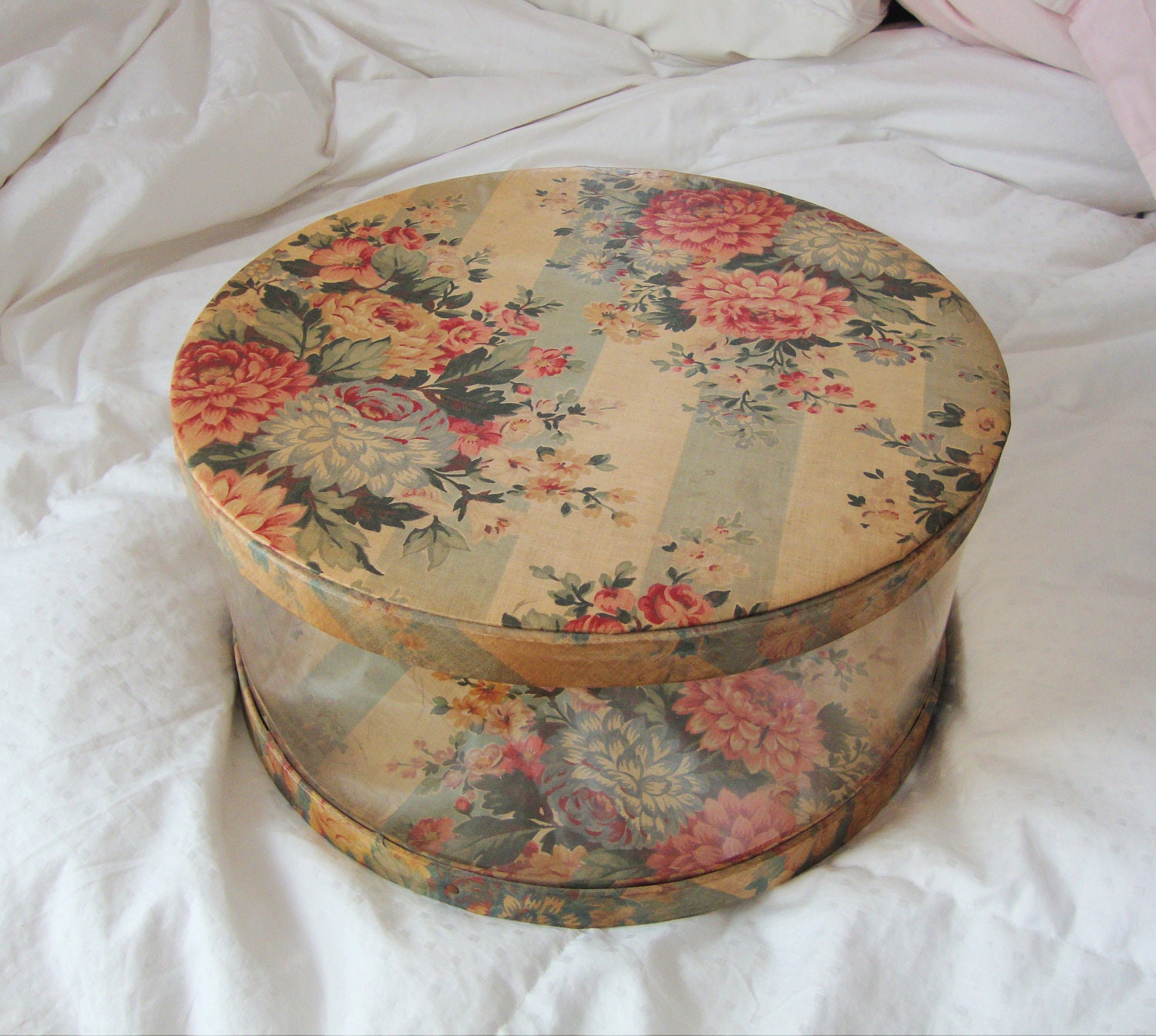 VINTAGE CLEAR HAT Box Floral Roses Fabric