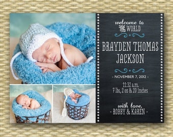 Chalkboard Birth Announcement Baby Announcement Baby Boy Birth Announcement Baby Girl Announcement 3 Photos Chalkboard Baby, Any Colors