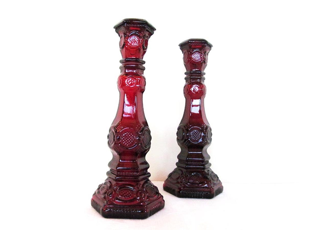 Red glass candle holders Avon Cape Cod Ruby Red glass
