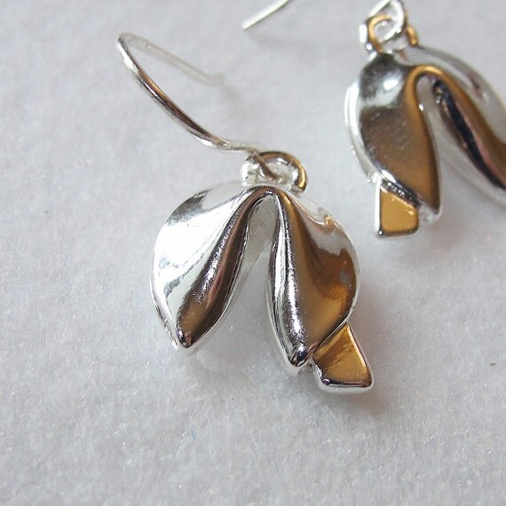 Fortune Cookie silver dangle earrings Lucky fortune hook