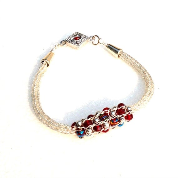 Ladies Viking knit chain bracelet silver red bead by DonnaDStore