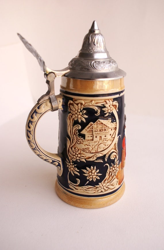Collectable Ceramic German Beer Stein Mug With Pewter Lid 1699