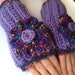 Ooak womens unique designer handmade chunky crochet/knitted fingerless mittens,gloves,hand arm warmers,purple, multicolour crochet flower