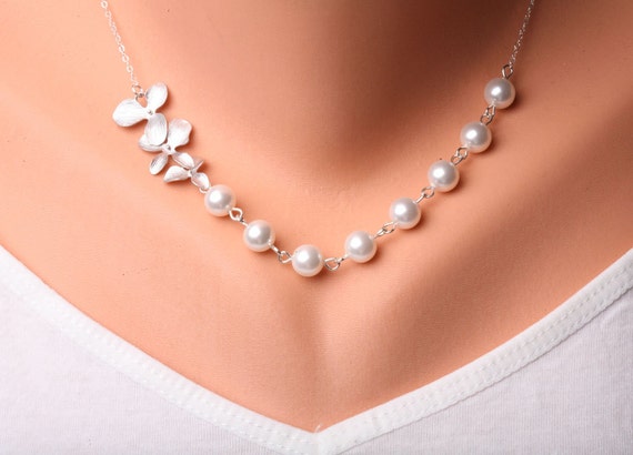Items similar to Triple Orchid flowers and Pearls Sterling silver ...